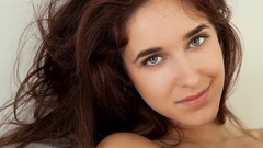 Woman close-up faces long hair green eyes brunettes Femjoy 