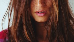Woman close-up faces shirts brown eyes brunettes freckles 