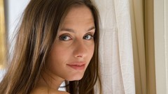 Woman close-up faces smiling long hair blue eyes brunettes 