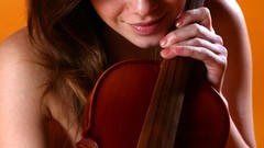 Woman close-up faces violins smiling long hair blue eyes 