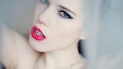 Woman close-up green eyes brunettes open mouth red lipstick 