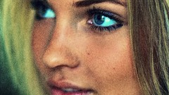 Woman close-up lips bokeh blue eyes grainy Emilie Voe Nereng