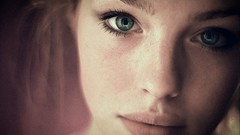 Woman close-up lips faces green eyes portraits