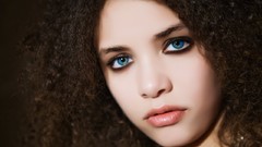 Woman close-up lips faces long hair blue eyes brunettes curly 