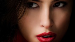 Woman close-up lips faces long hair brown eyes brunettes models