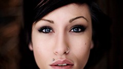 Woman close-up lips faces mouth blue eyes brunettes piercings 