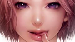 Woman close-up lips faces tongue brunettes licking short hair 