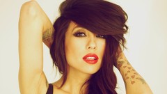 Woman close-up lips white background faces tattoos brown eyes 