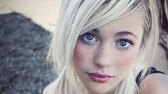 Woman close-up white hair outdoors freckles models devon jade 