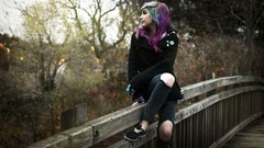 Woman coat earrings pink hair teen ripped jeans