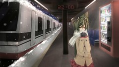 Woman coat skirts scarfs hatsune miku vocaloid green hair train 