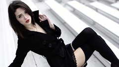 Woman coat stockings brunettes models legs crossed