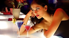 Woman cocktail brunettes models black dress leaning on elbows