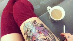 Woman coffee Cigarettes legs tattoos coffee cups