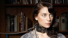 Woman collar chains brunettes bondage bookshelf slave BDSM 