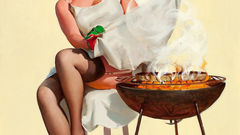 Woman cooking pinups barbecue grill