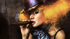 Woman cosplay clowns cigars