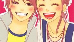 Woman couple blush male smiling long hair brown eyes closed 