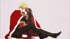 Woman couple coat blondes hugging kissing male long hair closed 