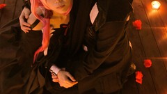 Woman couple hugging pink hair long hair brunettes guilty crown 