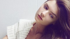 Woman cream faces long hair thinking green eyes brunettes vika 