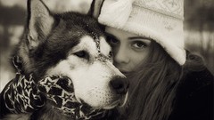 Woman Dogs hats brunettes grayscale