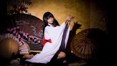 Woman Dogs Umbrellas red eyes asians shadows brunettes