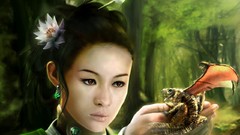 Woman Dragons asians forests fantasy art