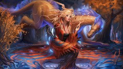 Woman Dragons Birds fantasy