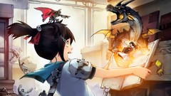 Woman Dragons brunettes fantasy art window panes