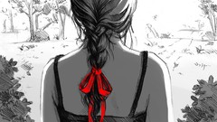 Woman drawings braids artwork selective coloring plaits
