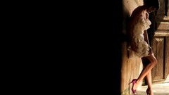 Woman dress black background faces legs brunettes white dress 