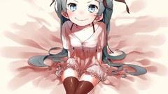 Woman dress bows blue hair smiling long hair blue eyes hatsune 
