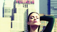 Woman dress buildings outdoors closed eyes brunettes rooftops 