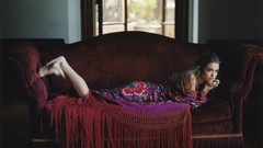 Woman dress Celebrity Actress couch brunettes lying down floral 