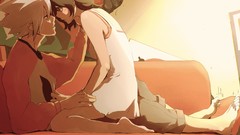 Woman dress couple red eyes blondes couch male barefoot short 