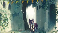 Woman dress hats buildings donkey