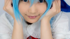 Woman dress Japanese bows asians blue hair short hair touhou 