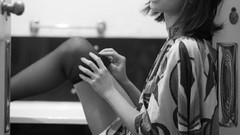 Woman dress monochrome Actress stockings lipstick green eyes 