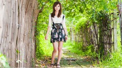 Woman dress outdoors asians long hair brunettes models forests 