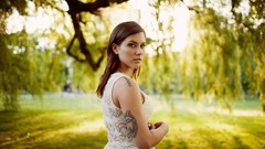 Woman dress outdoors tattoos brunettes white dress piercings