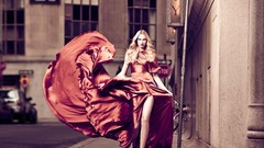 Woman dress red dress legs blondes streets fashion photography