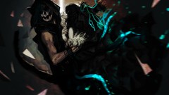 Woman dress skulls masks blue eyes black hair animal ears 