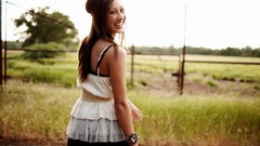 Woman dress smiling brunettes looking back girls in nature 