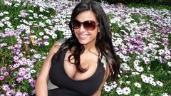 Woman dress sunglasses outdoors brunettes models cleavage boobs 