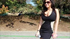 Woman dress sunglasses outdoors brunettes models cleavage boobs 