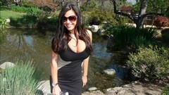 Woman dress sunglasses outdoors brunettes models cleavage boobs 