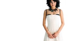 Woman dress white background asians short hair white dress 