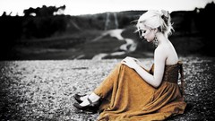 Woman dress white hair sitting