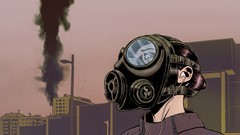 Woman earphones gas masks artwork